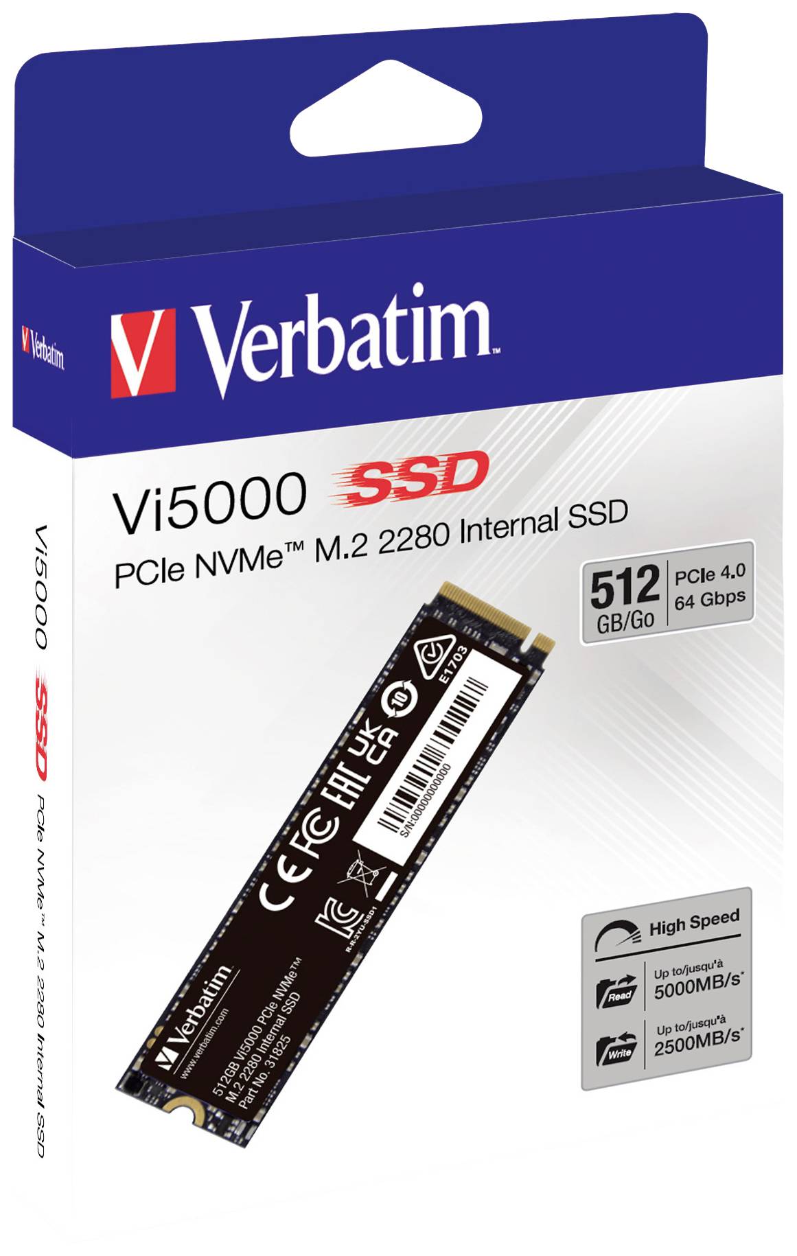 'Verbatim Vi5000 SSD' Verpackung, 512 GB, PCIe NVMe M.2 2280, PCIe 4.0, 64 Gbps, 5000 MB/s lesen, 2500 MB/s schreiben, hochgeschwindigkeitsfähig.