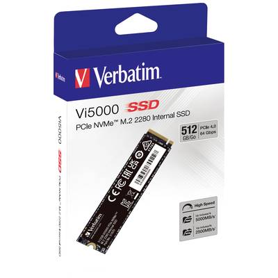 'Verbatim Vi5000 SSD' Verpackung, 512 GB, PCIe NVMe M.2 2280, PCIe 4.0, 64 Gbps, 5000 MB/s lesen, 2500 MB/s schreiben, hochgeschwindigkeitsfähig.