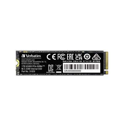 'Verbatim 1TB SSD, Modell Vi5000, PCIe NVMe. Label mit CE-, FCC-, UKCA-Zertifizierungen. Hergestellt in China. Seriennummer sichtbar.'