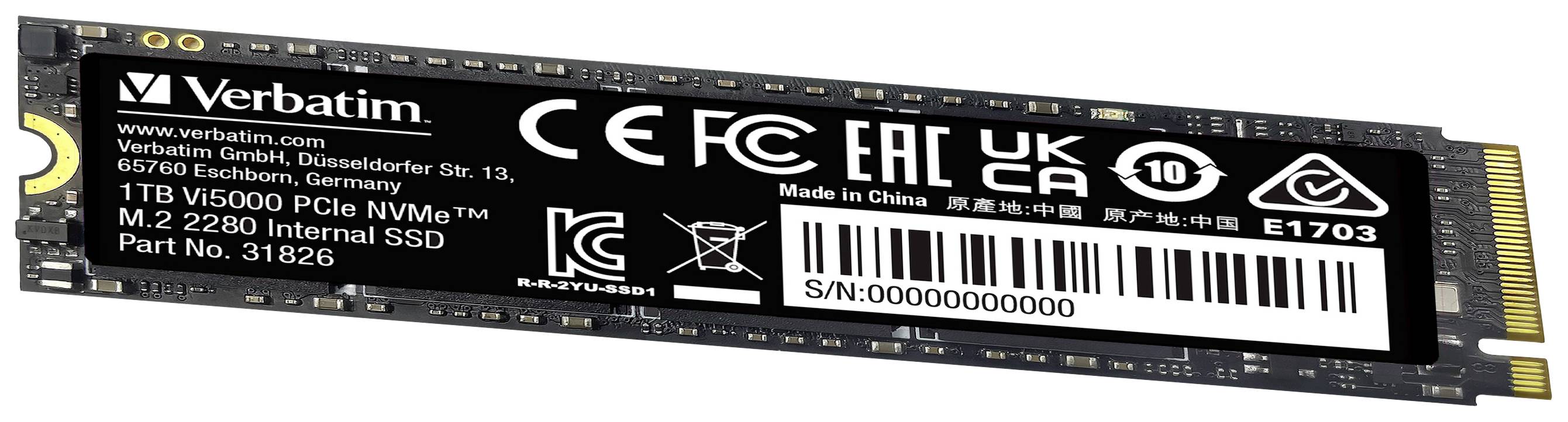 'Solid State Drive von Verbatim, Modell VI5000 PCIe NVMe, 1 TB Kapazität, M.2 2280 Format, Seriennummer sichtbar, hergestellt in China.'