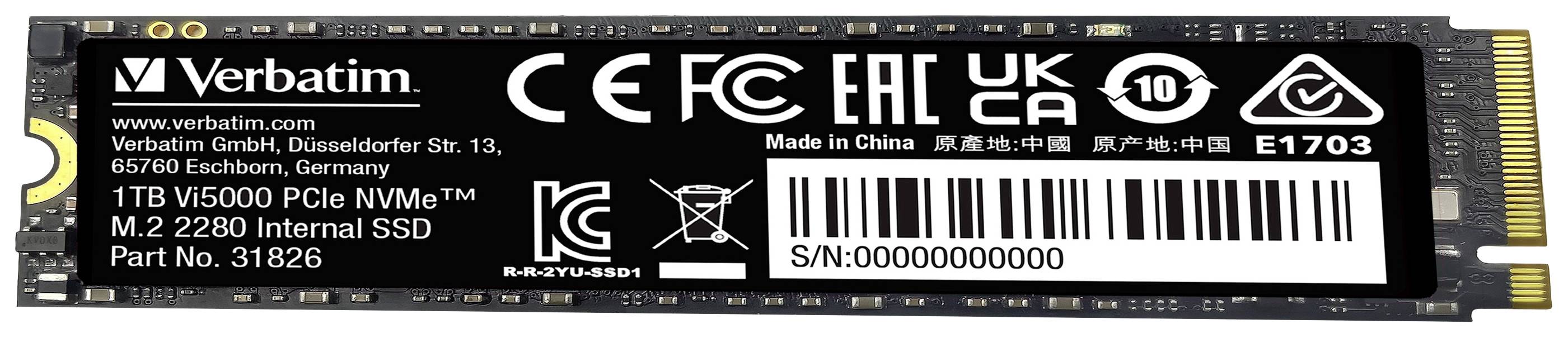 'Verbatim Vx5000 PCIe NVMe SSD, 1TB, M.2 2280 Internal SSD, Part No. 31826, hergestellt in China, Seriennummer: 0000000000000.'