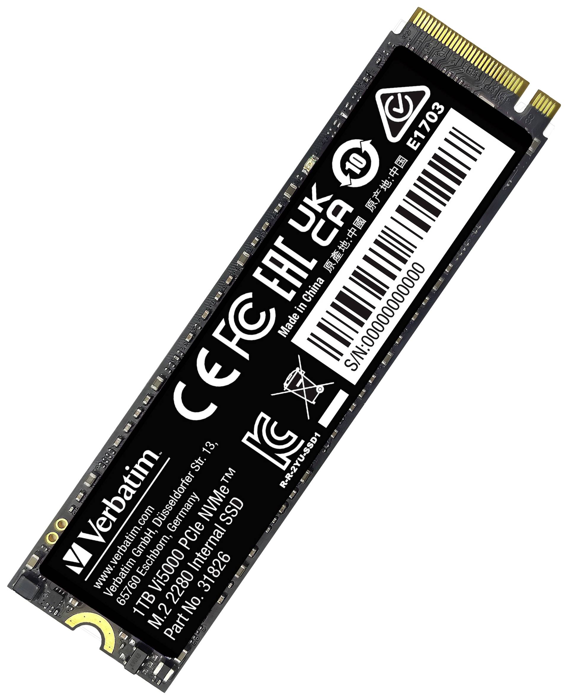 Eine Verbatim NVMe M.2 SSD mit 1 TB Speicher, Modellnummer 70382, liegt vor weißem Hintergrund. Sie zeigt verschiedene Zertifizierungslogos.