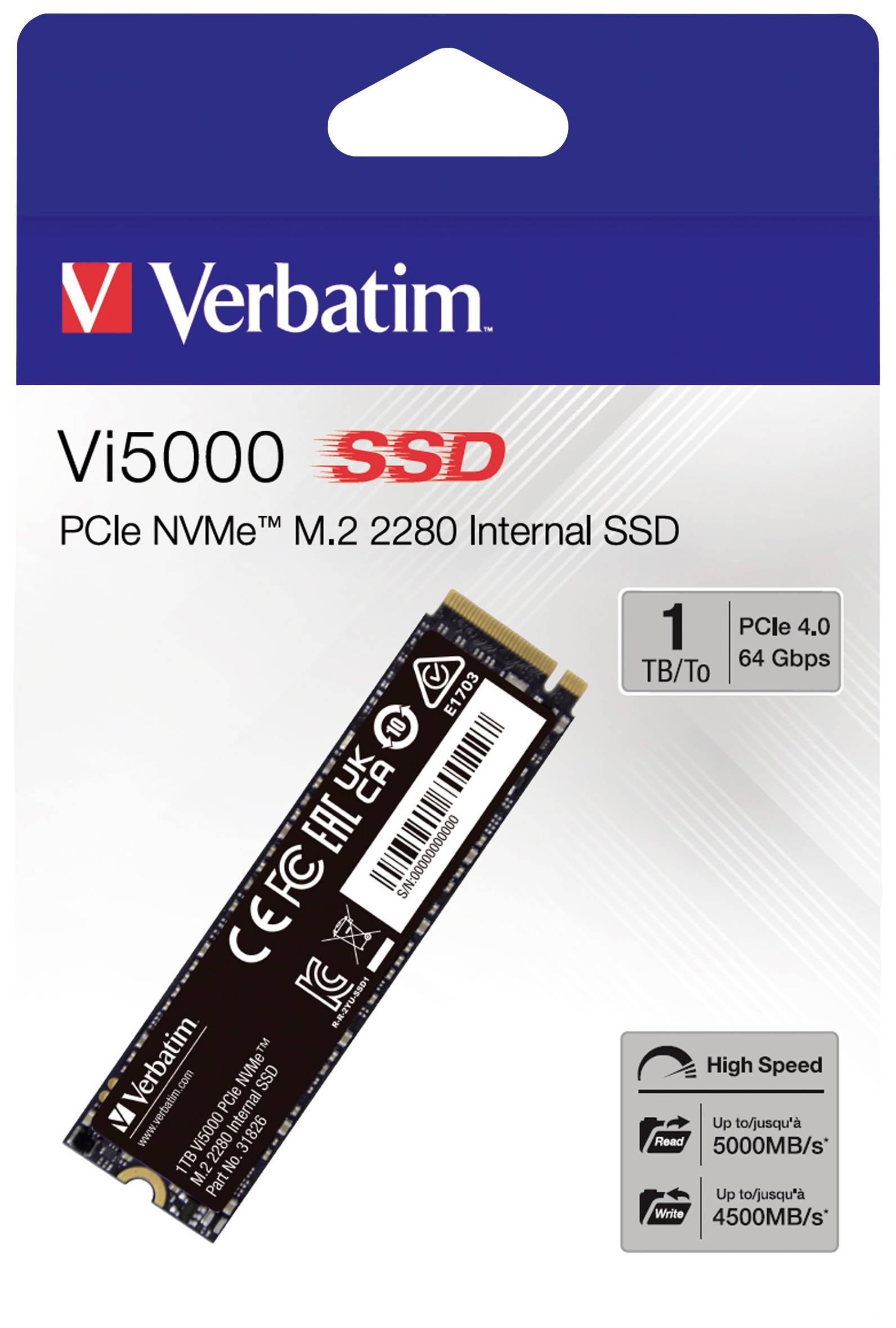 Verbatim Vi5000 SSD-Verpackung mit 1 TB Kapazität, PCIe NVMe M.2 2280, unterstützt PCIe 4.0 mit 64 Gbps, Geschwindigkeiten bis zu 5000MB/s.