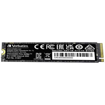 Eine Verbatim M.2 2280 interne SSD mit 2TB Kapazität, Modellnummer Vi5000, PCIe NVMe, mit CE- und UKCA-Kennzeichnung.