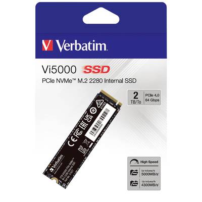SSD-Verpackung mit der Aufschrift 'Vi5000 SSD PCIe NVMe M.2 2280 Internal SSD'. Kapazität: 2 TB, PCIe 4.0, 64 Gbps.