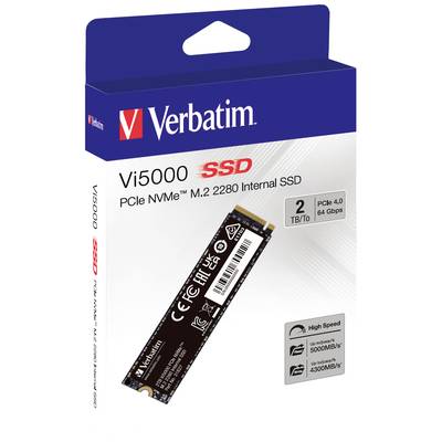 'Vi5000 SSD' PCIe NVMe M.2 2280 interne SSD von 2 TB. Verpackung zeigt Produktbild, Spezifikationen und Geschwindigkeitssymbole.