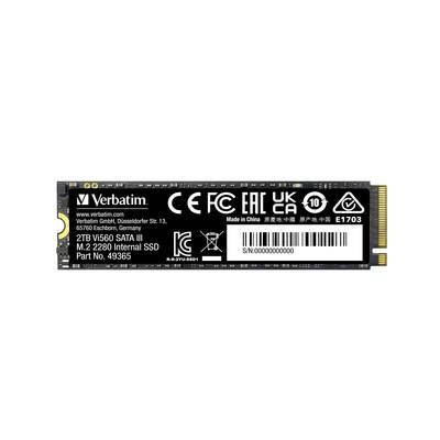 'Verbatim 2TB Vi550 SATA III M.2 2280 Internal SSD' mit schwarzen und weißen Markierungen, zeigt technische Spezifikationen und Zertifizierungen.