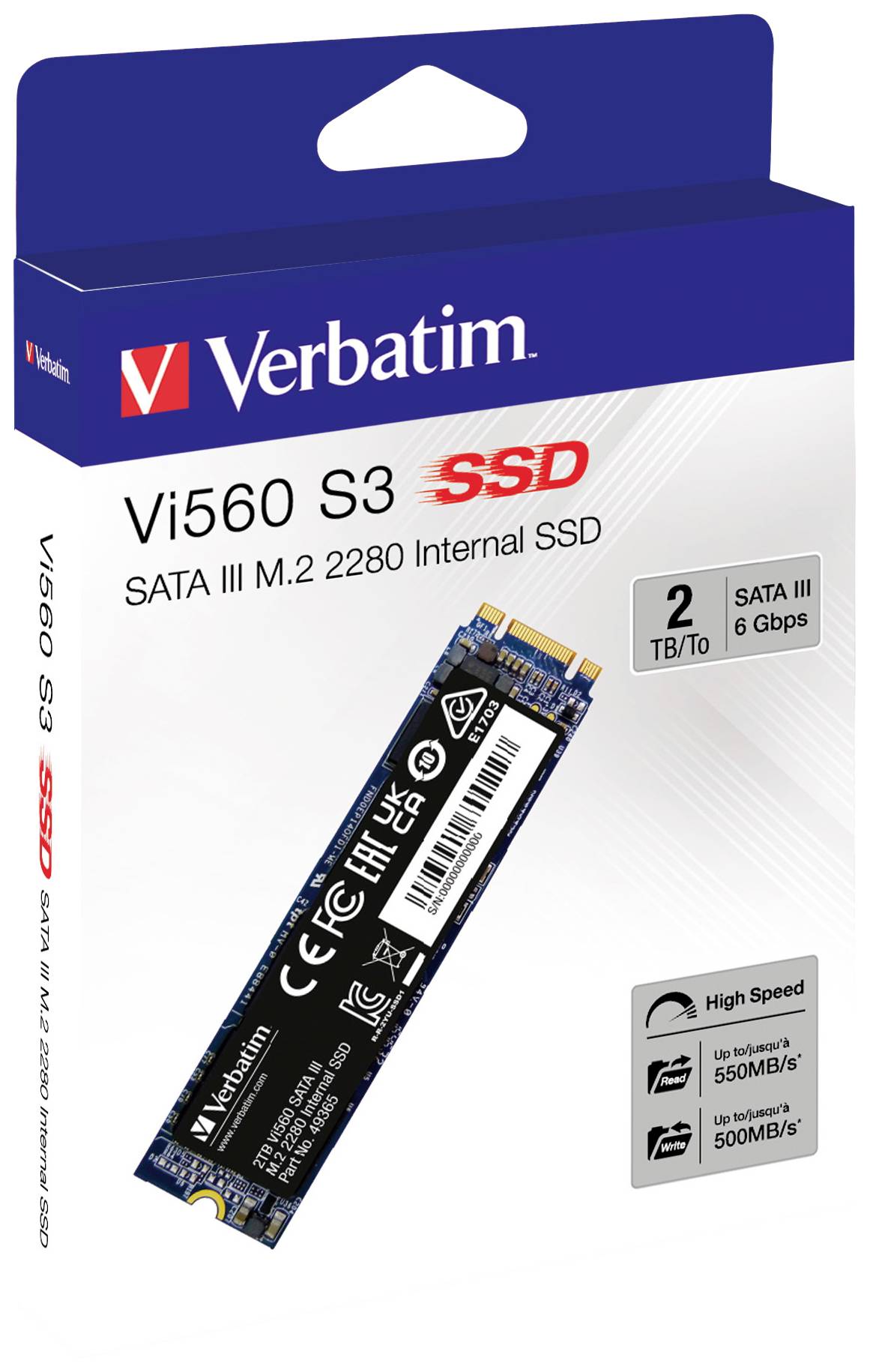 Verbatim Vi560 S3 SSD-Verpackung; 2 TB M.2 2280, SATA III, 6 Gbps, Lesegeschwindigkeit bis 550 MB/s, Schreibgeschwindigkeit bis 500 MB/s.