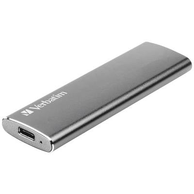 Externe SSD-Festplatte von Verbatim in silberner Farbe mit USB-C-Anschluss, schlankes Design, geeignet für Datenübertragung.