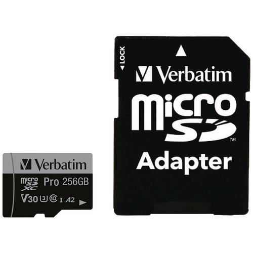 Verbatim Pro microSDXC-Karte 256 GB UHS-Class 3 4K-Videounterstützung, A2-Leistungsstandard, inkl. SD-Adapter, stoßsiche...