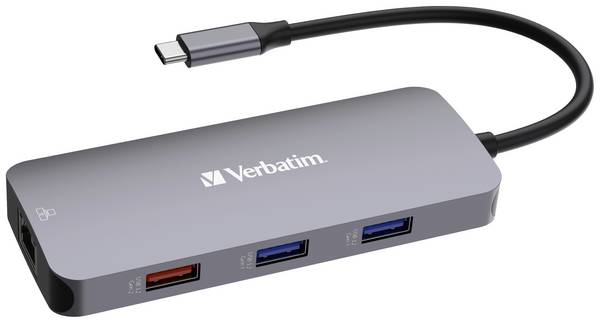 Verbatim 32152 USB-Hub 9 Port HDMI®, microSD, RJ45, SD, USB-A (USB 3.2 Gen 1), USB-A (USB 3.2 Gen 1), USB-A (USB 3.2 Gen 2), USB-A (USB 3.2 Gen 2), USB-A (USB 3.2 Gen 2) mit eingebautem Netzwerk-Anschluss, mit eingebautem SD-Kartenleser, mit USB-C® Stecker, Ultra HD-fähig Grau CMH-09