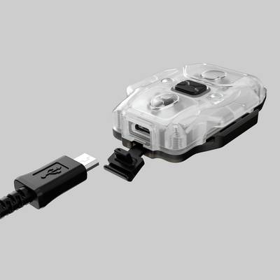 Ein durchsichtiges elektronisches Gerät mit USB-Anschluss, das ein kleines Gehäuse hat und mit einem abgetrennten Kabel endet.