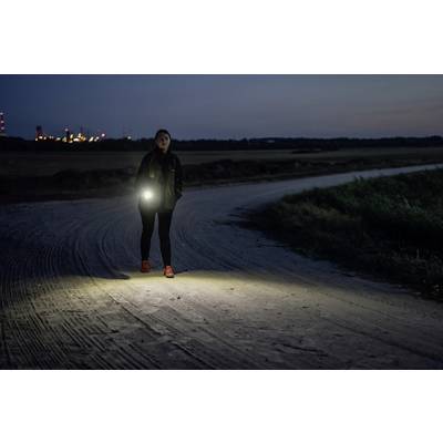 Eine Person geht nachts auf einem Feldweg und trägt eine leuchtende Taschenlampe. Im Hintergrund sind Lichter einer Stadt zu sehen.