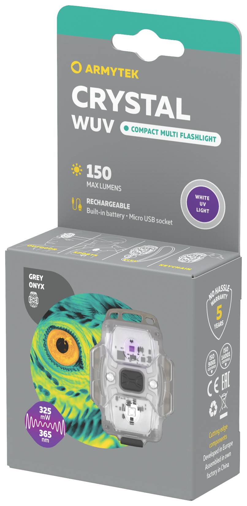 Armtek CRYSTAL WUV Taschenlampe in grauem Onyx. 150 Lumen, wiederaufladbar über Micro-USB. Kompakt, weißes Licht. Verpackung zeigt Eule.