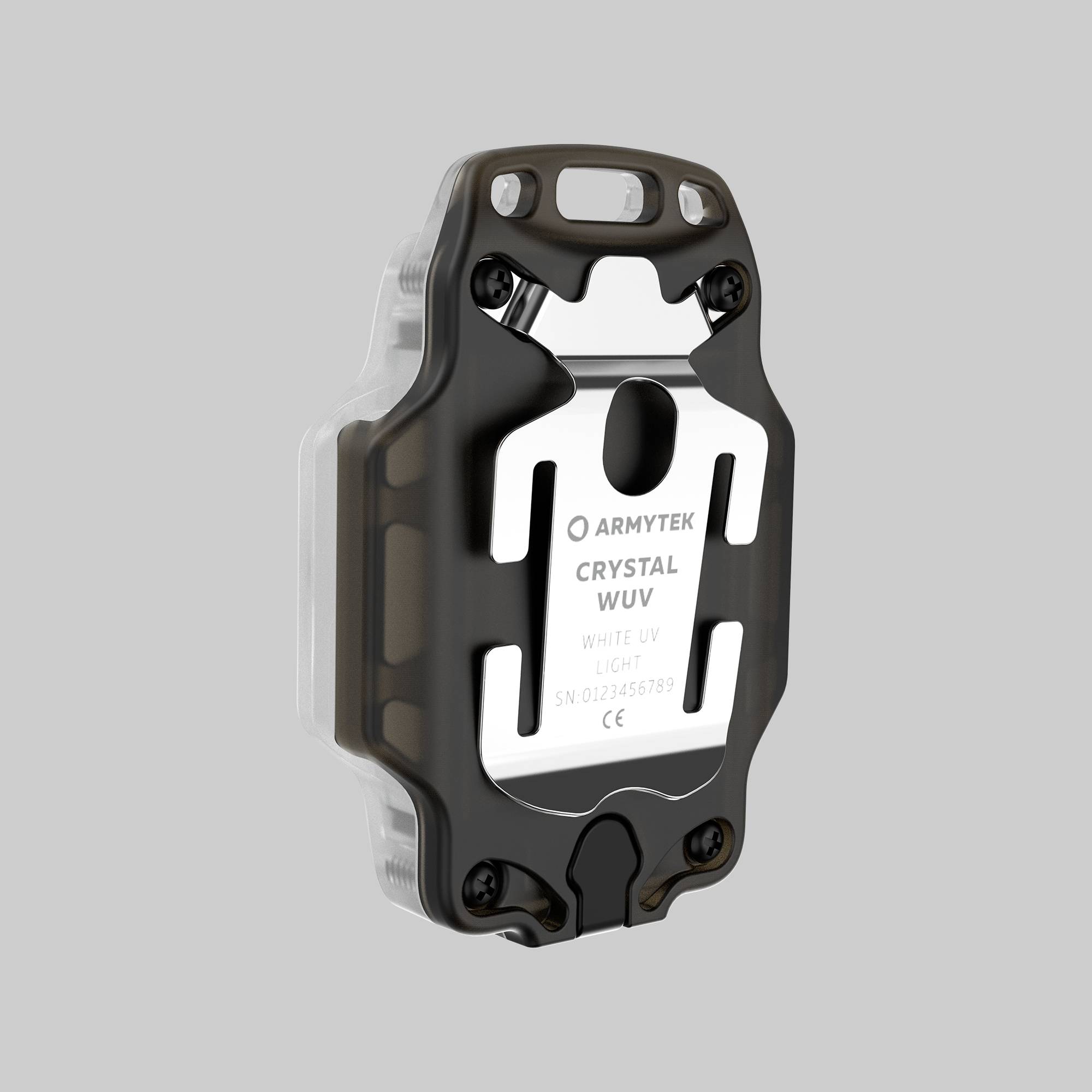 Elektronisches Gerät mit der Aufschrift 'Armytek Crystal WUV'. Gehäuse in Schwarz und Grau mit sichtbarem Anschlussbereich.