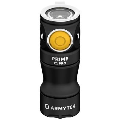 Schwarze Taschenlampe mit gelbem Knopf, die 'PRIME C1 PRO' und 'ARMYTEK' beschriftet ist.