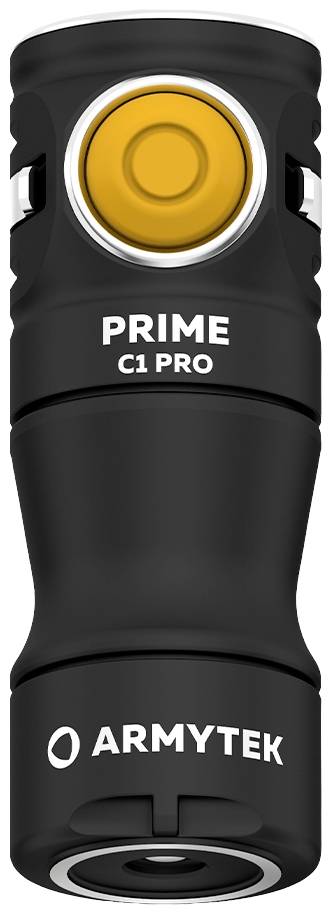 Schwarze Taschenlampe 'Prime C1 Pro' von Armytek mit orangem Knopf.