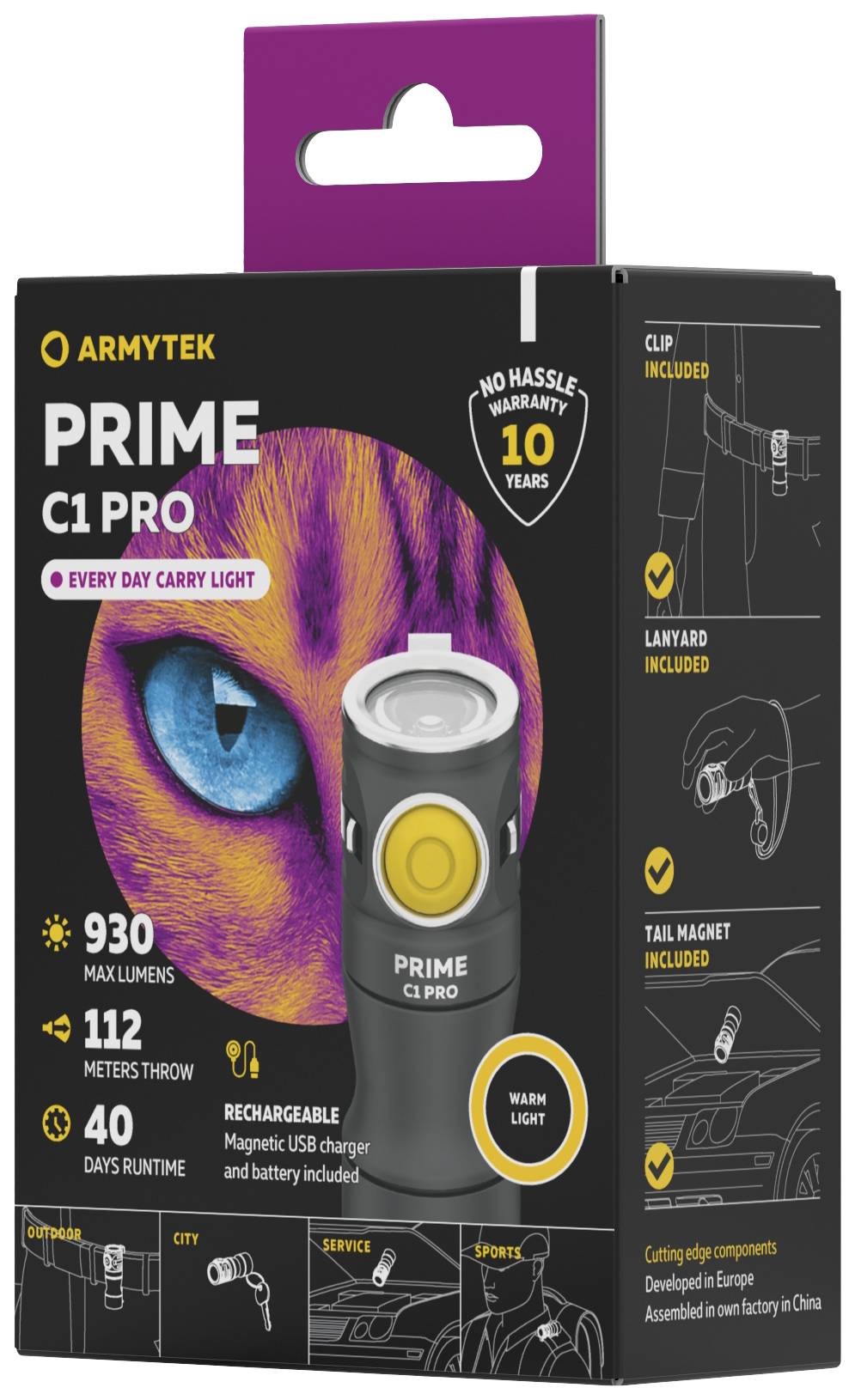 'Taschenlampe Prime C1 Pro von Armytek, 930 Lumen, 112 Meter Reichweite, 40 Stunden Laufzeit. Inklusive Clip, Lanyard, Magnetladegerät.'
