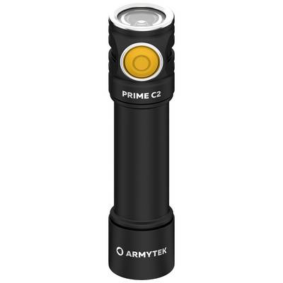 Schwarze Taschenlampe mit orangefarbenem Knopf und der Aufschrift 'PRIME C2'.