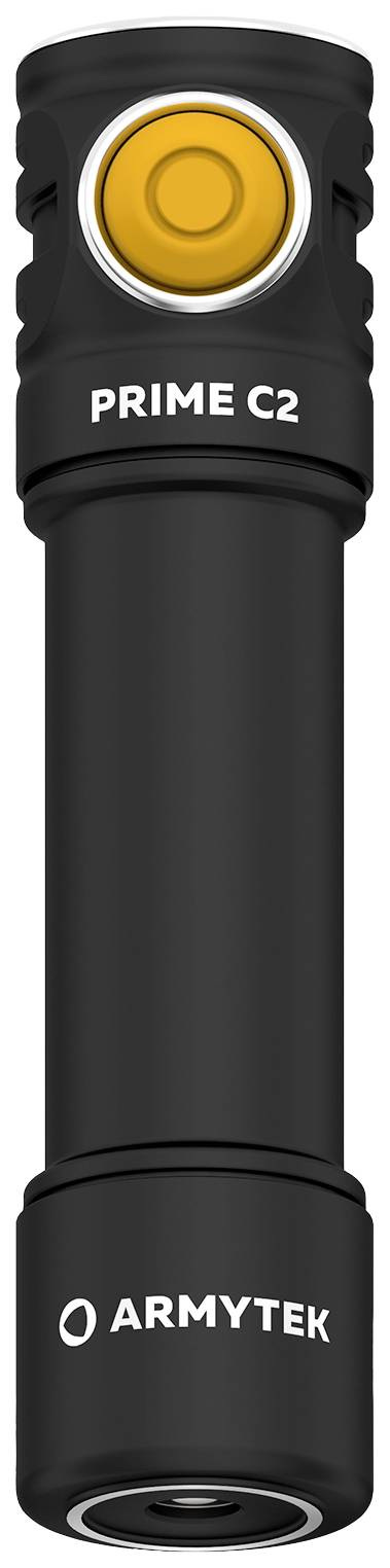 'Schwarze Taschenlampe Prime C2' mit orangefarbenem Knopf und 'Armytek'-Logo am unteren Ende.