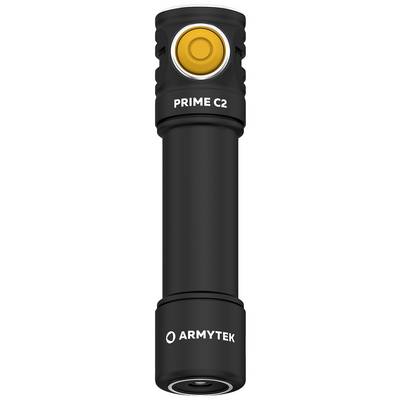 'Schwarze Taschenlampe Prime C2' mit orangefarbenem Knopf und 'Armytek'-Logo am unteren Ende.