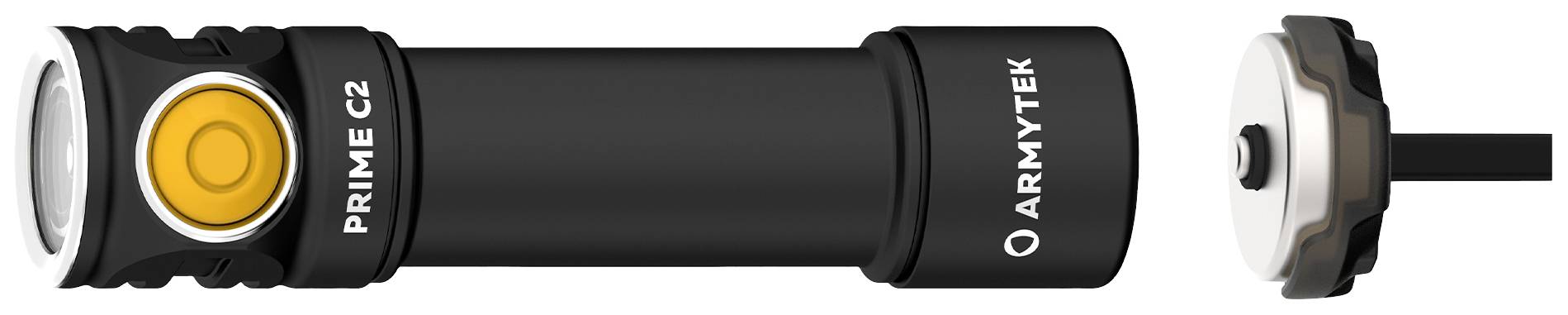 Schwarze Taschenlampe mit gelbem Knopf und der Aufschrift 'PRIME C2' sowie 'ARMYTEK'. Der hintere Deckel ist abgenommen.