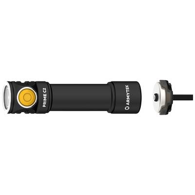 Schwarze Taschenlampe mit gelbem Knopf und der Aufschrift 'PRIME C2' sowie 'ARMYTEK'. Der hintere Deckel ist abgenommen.