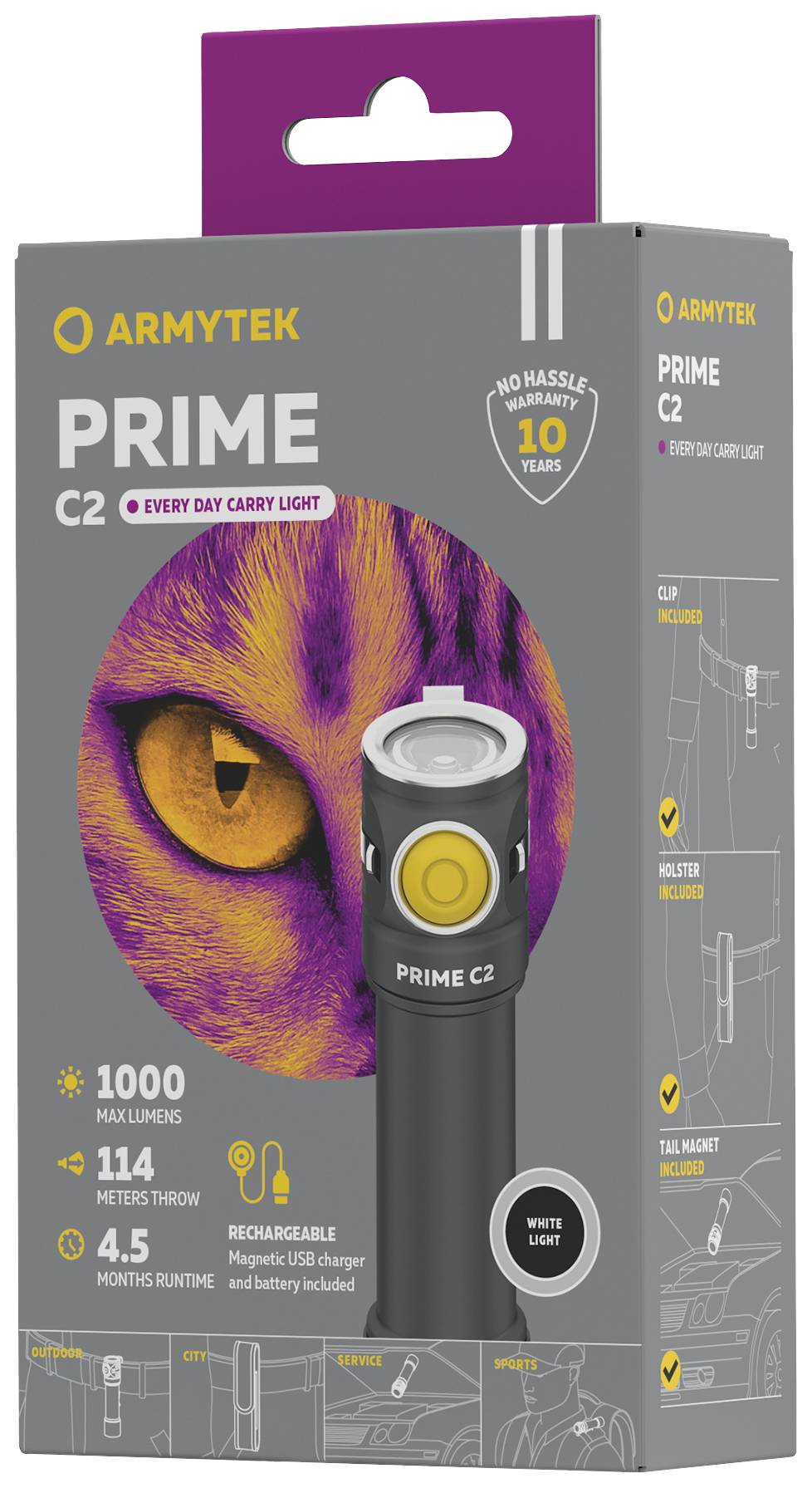 Taschenlampe 'Armytek Prime C2' in grauer Verpackung. Details: 1000 Lumen, 114 Meter Reichweite, 4,5 Monate Laufzeit, wiederaufladbar.