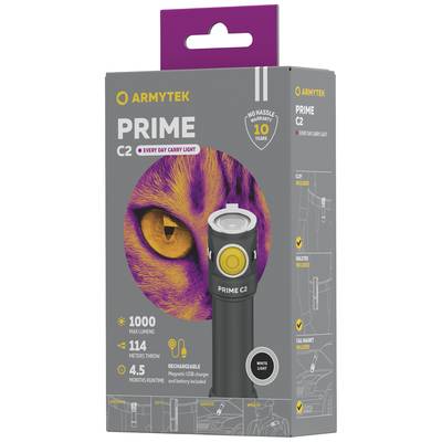Taschenlampe 'Armytek Prime C2' in grauer Verpackung. Details: 1000 Lumen, 114 Meter Reichweite, 4,5 Monate Laufzeit, wiederaufladbar.