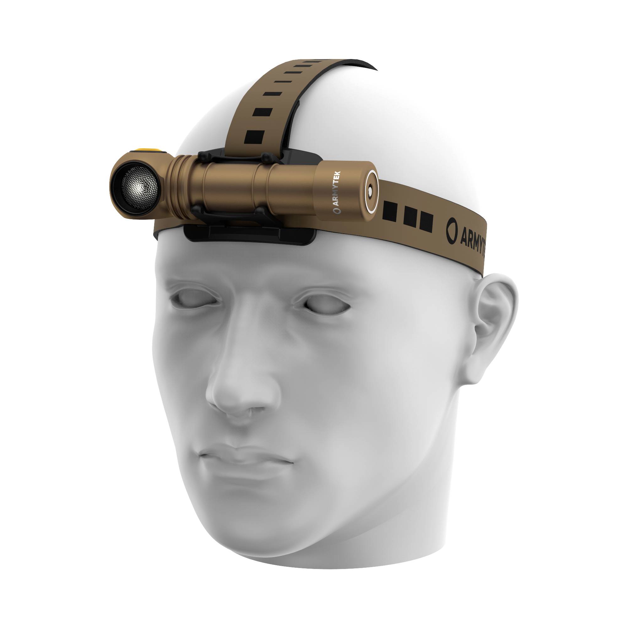 Ein weißer Kopf trägt eine braune Stirnlampe. Die Lampe ist an einem verstellbaren Band befestigt und für den Freizeiteinsatz geeignet.