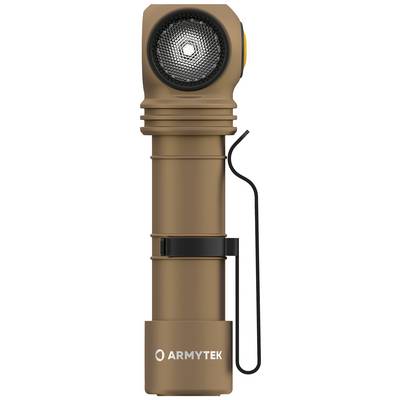 Taschenlampe in Braun mit Clip und markantem runden Kopf. Marke unten aufgedruckt.