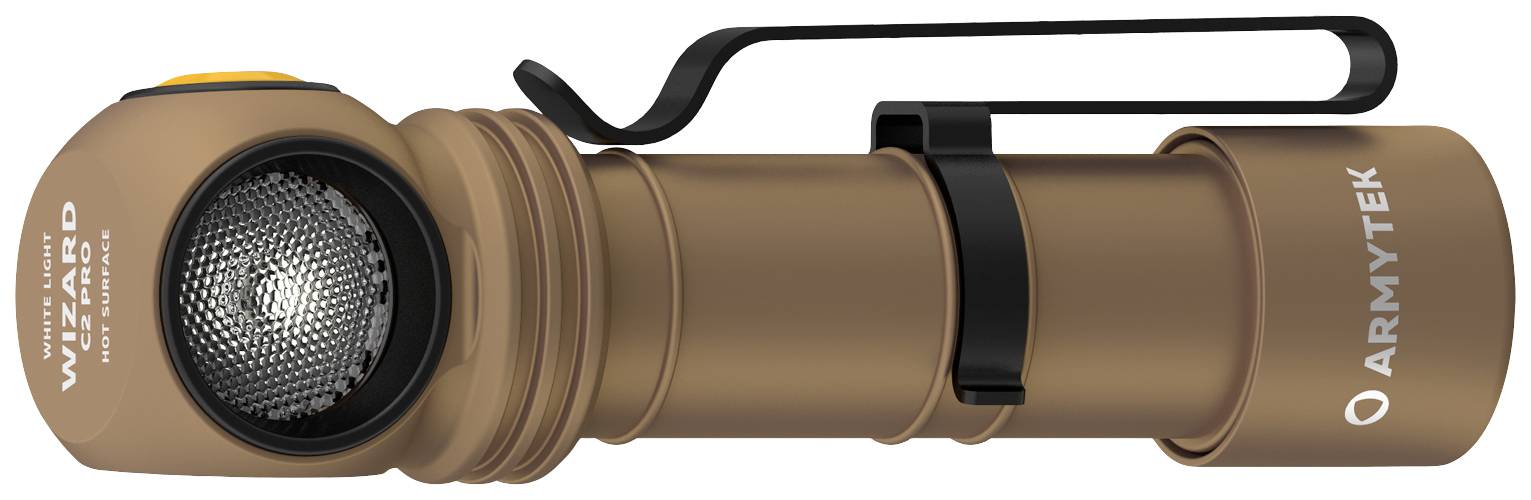 Braune Taschenlampe mit Clip und seitlichem Knopf. Markierung 'ARMYTEK' auf dem Griff. Rechte Seite des Lichtsrahmens.