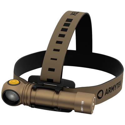 Braune Stirnlampe mit verstellbarem Riemen und seitlichem Ein- und Ausschalter. Markierung 'ARMYTEK' auf der Seite.