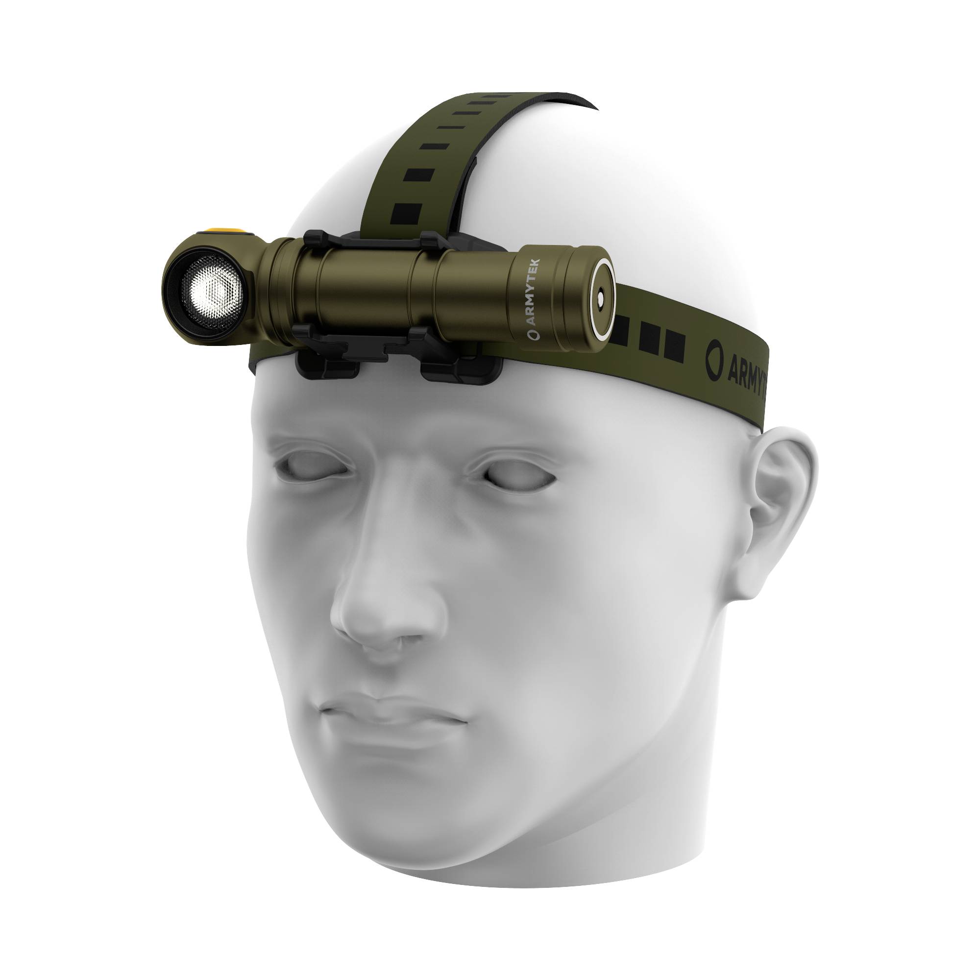 Eine Stirnlampe ist auf einem Modellkopf angebracht. Die Lampe ist braun und sitzt auf einem verstellbaren Band.