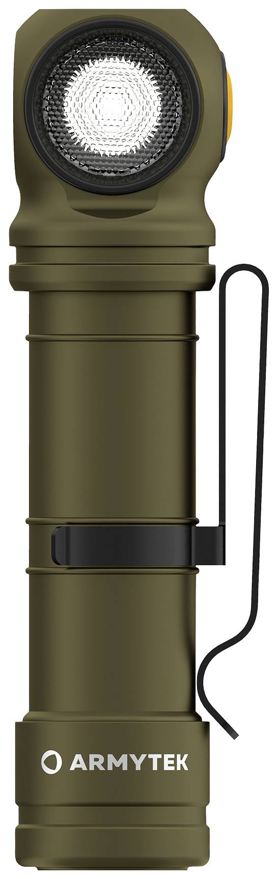 Eine olivgrüne Taschenlampe von Armytek mit Clip und seitlichem Schalter, geeignet für Outdoor-Aktivitäten.
