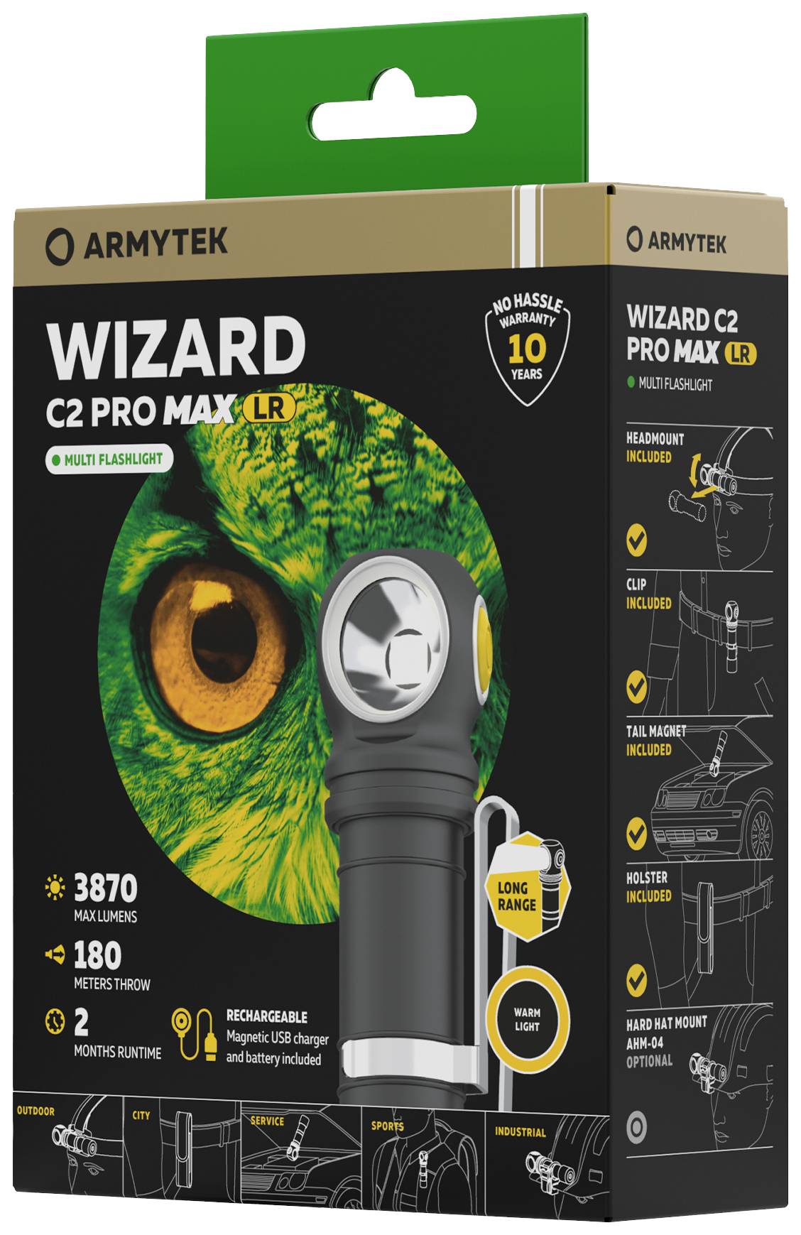 Wiederaufladbare Taschenlampe 'ARMYTEK WIZARD C2 PRO MAX' mit 3870 Lumen und 180 Meter Reichweite. Enthält Zubehör und 10 Jahre Garantie.