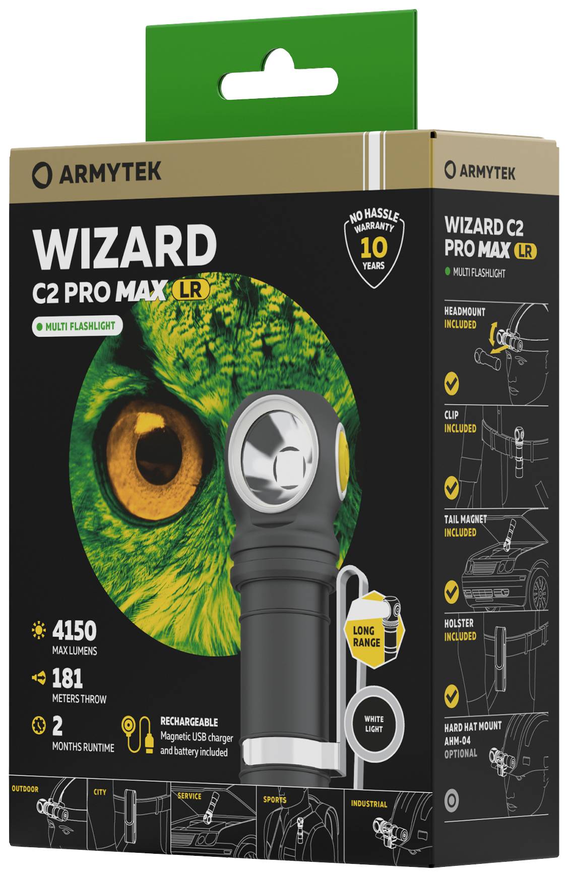'Taschenlampe Wizard C2 Pro Max LR von Armytek, 4150 Lumen, 181 Meter Reichweite, wiederaufladbar, mit Zubehör.'