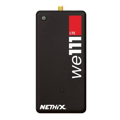Ein schwarzes LTE-Gerät mit der Aufschrift 'we111' und 'Nethix'. Oben ist ein Antennenanschluss sichtbar.