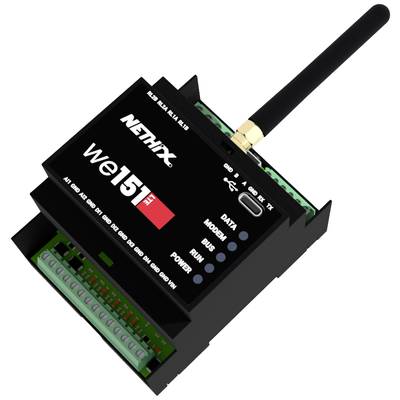 Ein schwarzes, rechteckiges Elektronikgerät mit Antenne, Modell 'We151 FT' von 'Nethix'. Es hat Anzeigen für Daten, Modem, Bus, Run und Power.