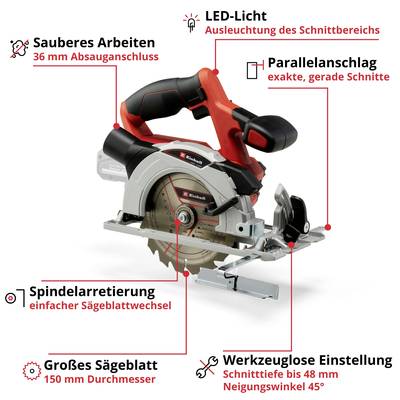 'Kreissäge mit LED-Licht, Parallelanschlag, Spindelarretierung und großem Sägeblatt für saubere Arbeiten und einfache Einstellungen.'