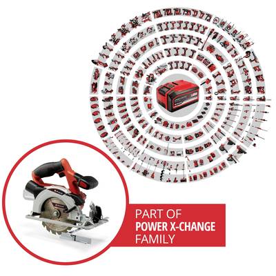 Ein Akkupack in der Mitte, umgeben von verschiedenen Elektrowerkzeugen, die alle zur 'Power X-Change'-Familie gehören, mit einer Nahaufnahme einer Kreissäge.
