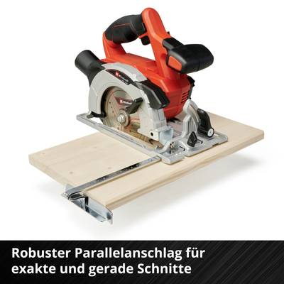 Kreissäge auf Holzbrett. Text: 'Robuster Parallelanschlag für exakte und gerade Schnitte'.