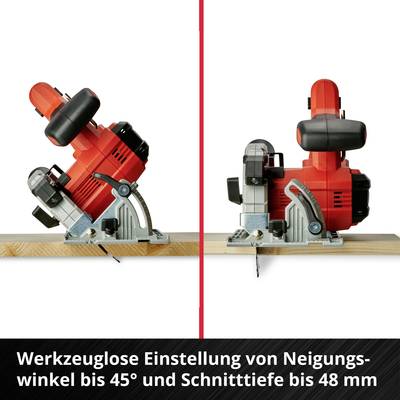 'Werkzeuglose Einstellung von Neigungswinkel bis 45° und Schnitttiefe bis 48 mm.' zeigt eine rote Säge aus zwei Perspektiven.