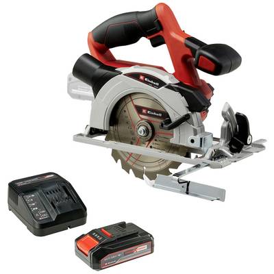 Kabellose Handkreissäge von Einhell mit Ladegerät und Akku. Sägeblatt ist sichtbar, Griff mit ergonomischem Design und roter Akzentfarbe.