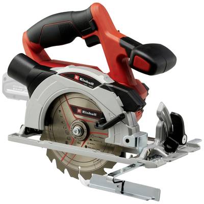 Eine rote und schwarze Handkreissäge mit Einhell-Logo auf der Klinge. Sie hat einen ergonomischen Griff für präzises Schneiden.