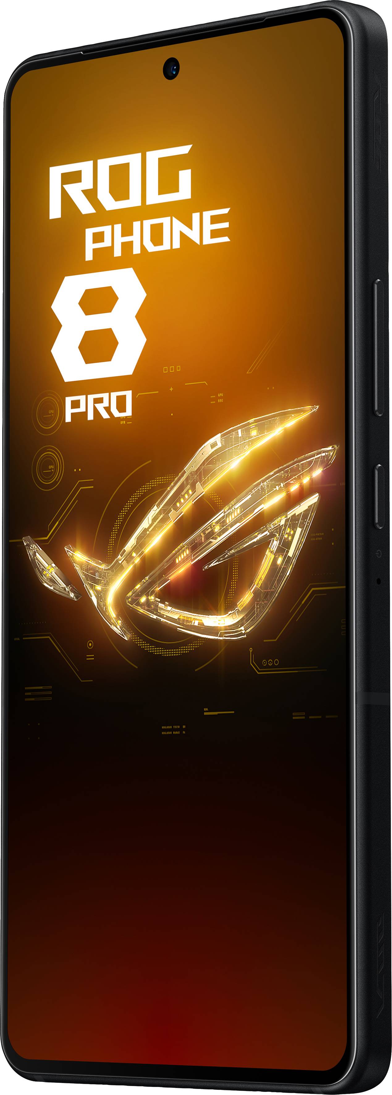 Smartphone mit leuchtendem Logo und Aufschrift 'ROG Phone 8 Pro' auf dem Bildschirm, schwarz, Seitensicht.