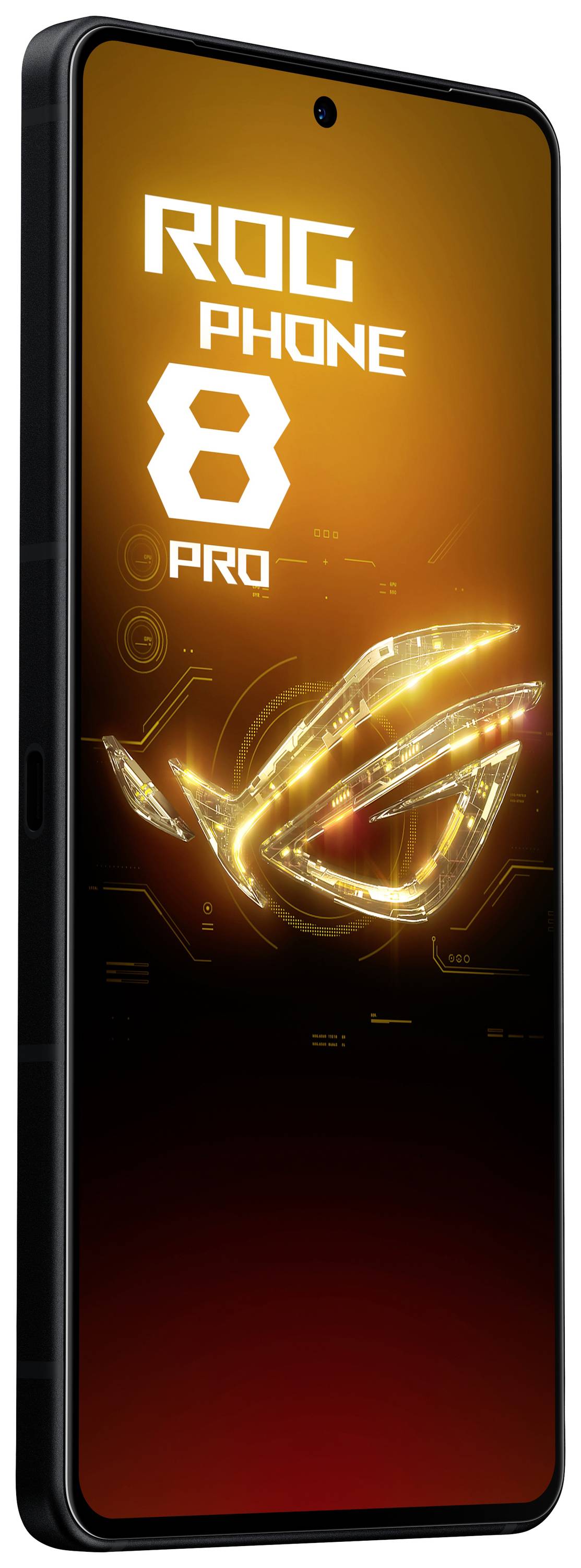 Gaming-Smartphone mit orangefarbenem Startbildschirm und dem Text 'ROG Phone 8 Pro'. Das Logo darunter leuchtet in Gelb.
