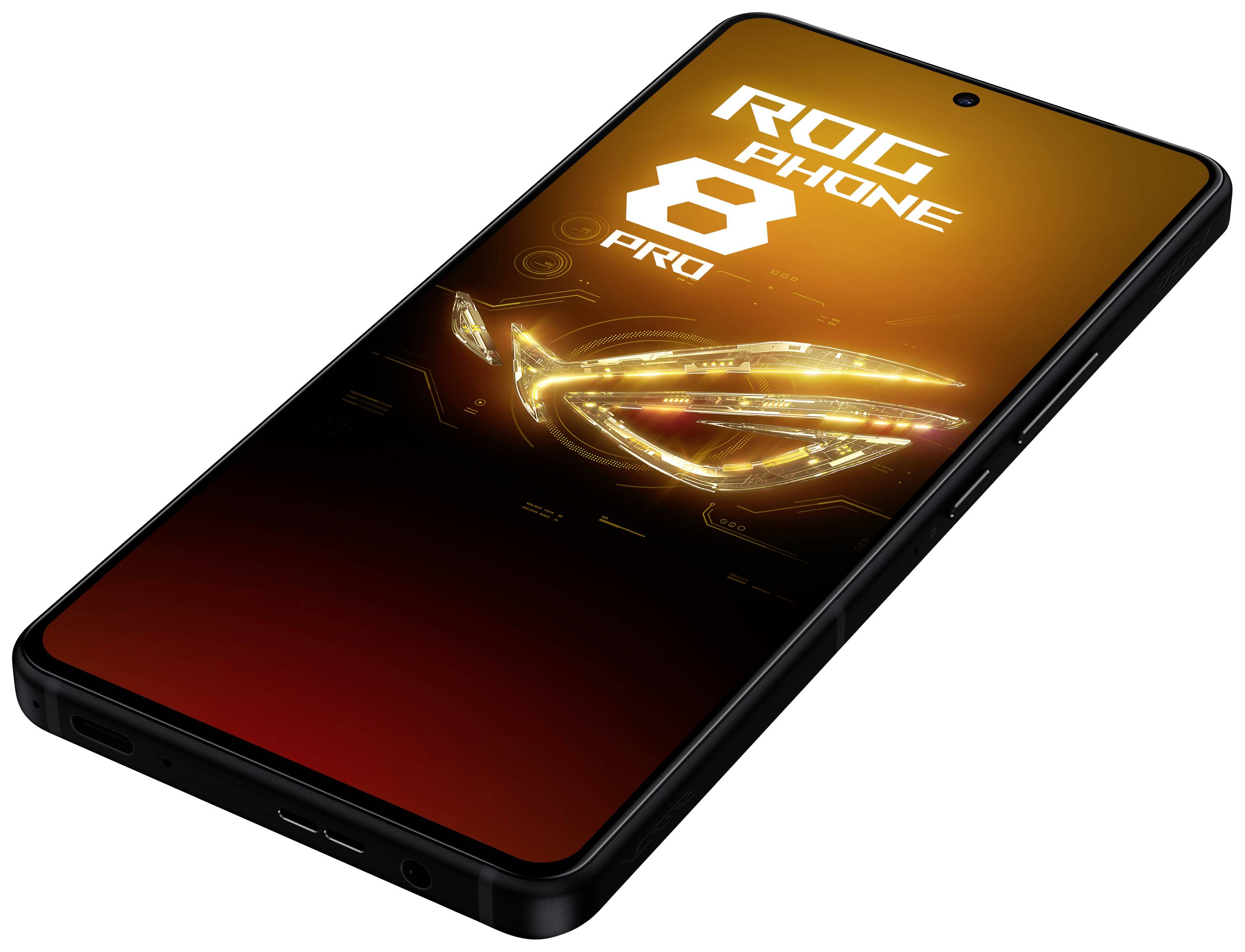 Ein Smartphone mit der Aufschrift 'ROG Phone 8 Pro' auf dem Bildschirm, gestaltet in leuchtenden, futuristischen Orangetönen.