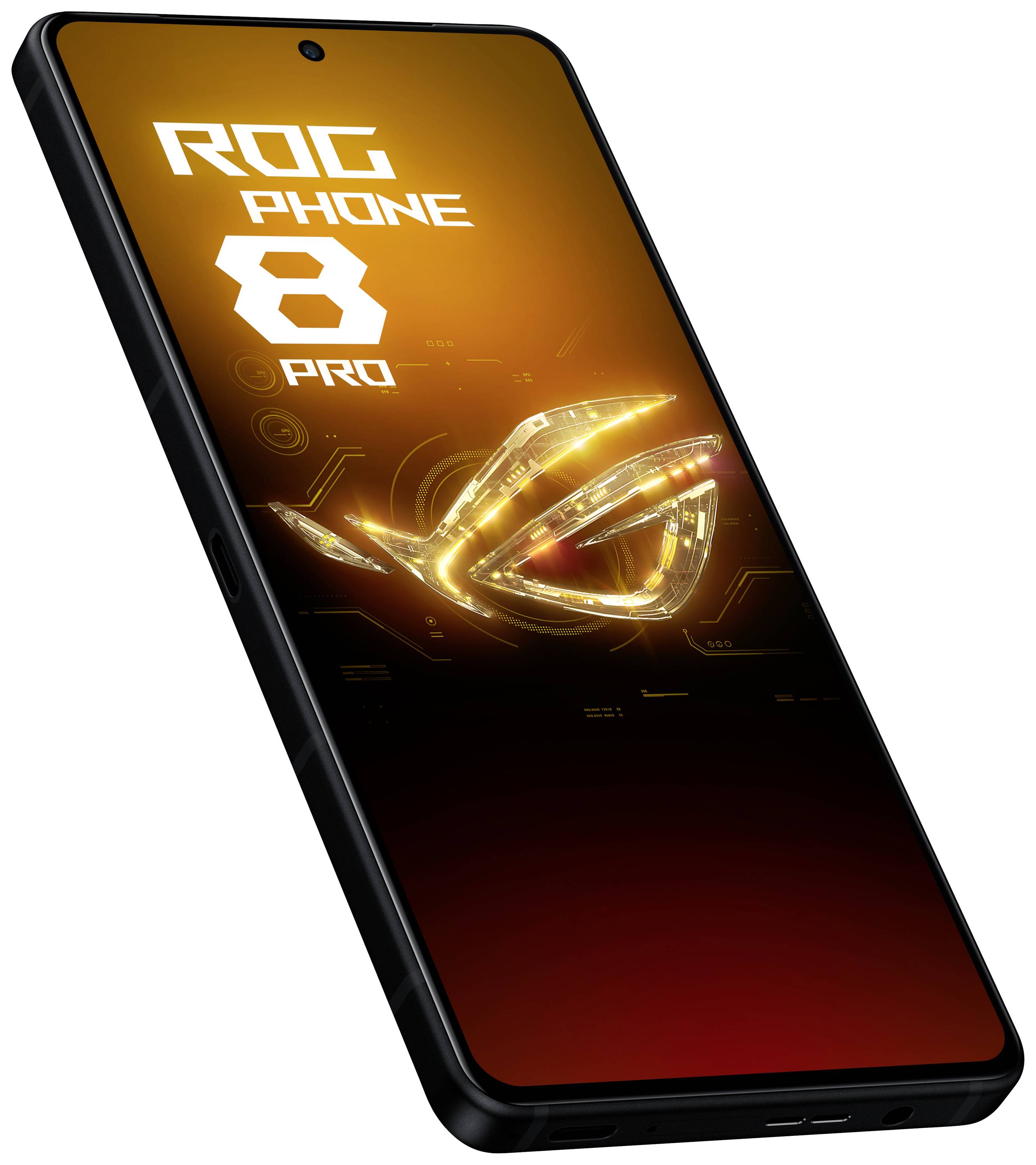 Ein modernes Smartphone mit der Aufschrift 'ROG Phone 8 Pro' auf dem Bildschirm, das eine leuchtend orange-schwarze Grafik zeigt.