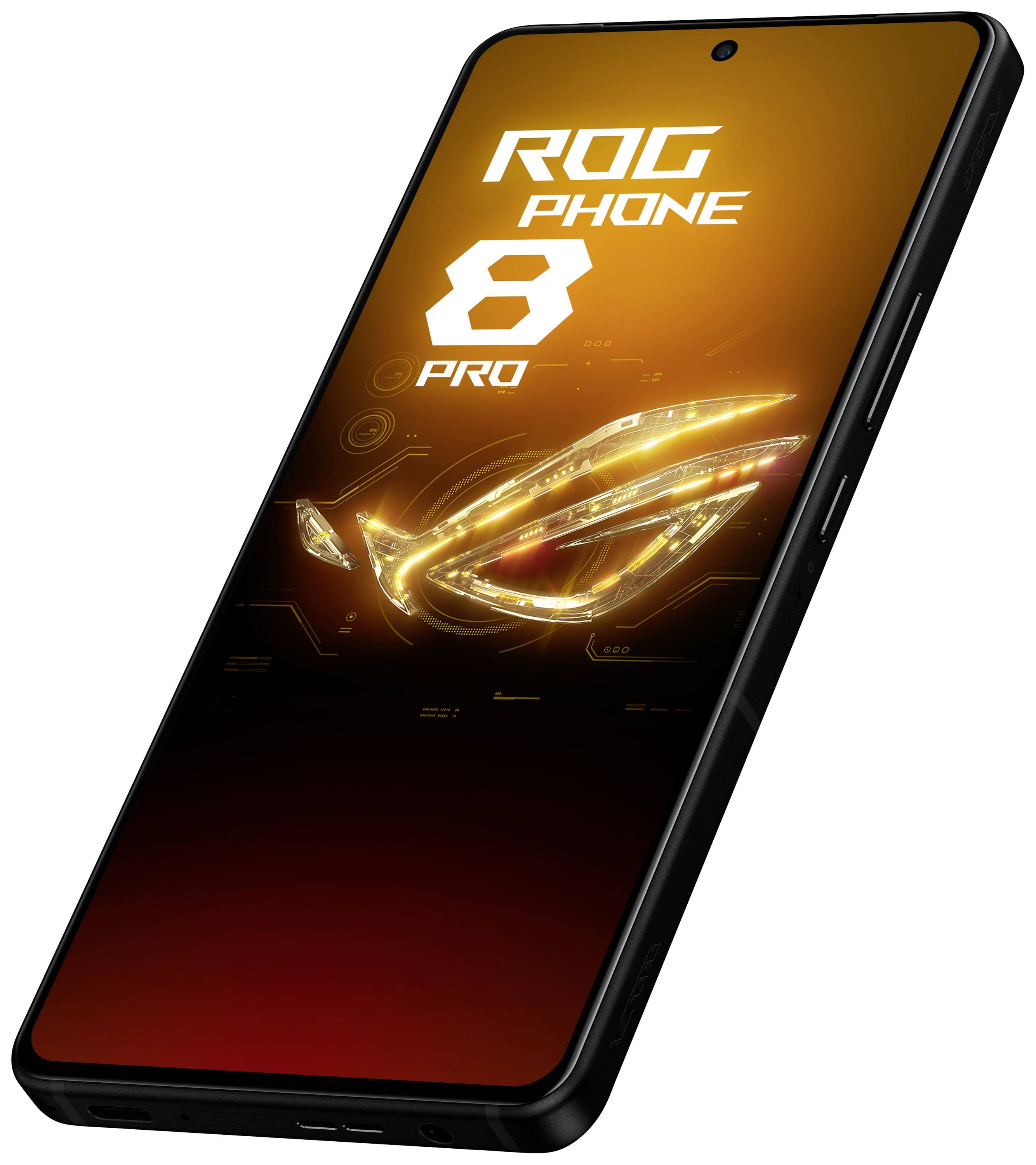 Ein schwarzes Gaming-Smartphone mit leuchtendem Bildschirm, auf dem 'ROG Phone 8 Pro' in heller Schrift steht.